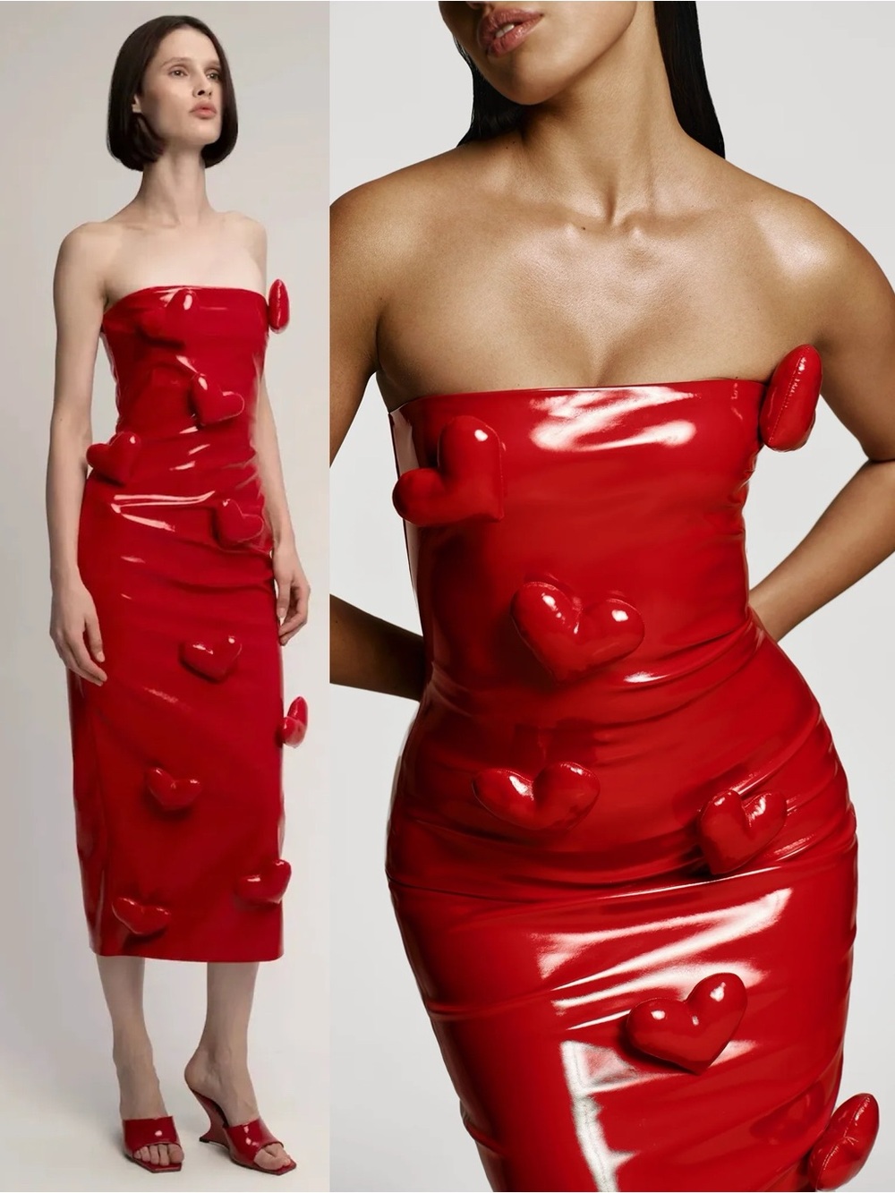 NEW NWT Cultnaked Love Killa Strapless Midi Dress In Red Patent Hearts